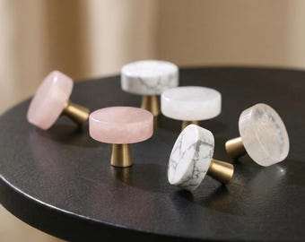 Elegant Natural Crystal Drawer Knob, Brass Base Engraved Cabinet Pull, Modern Furniture Handle