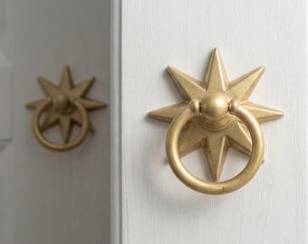 Sun Solid Brass Cabinet Knobs & Pulls, Wardrobe Handles, Ring Drop, Circle Drawer Pulls