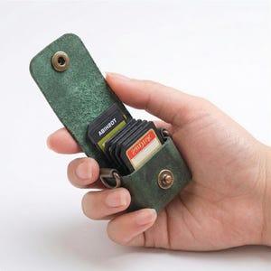 Peut inclure: Un étui en cuir vert pour cartes SD avec fermeture à bouton-pression, contenant plusieurs cartes SD. L'étui est en cuir texturé et comporte un bouton-pression et un rivet de couleur laiton. Les cartes sont noires avec du texte blanc et rouge.