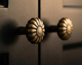 Vintage Brass Door Handle, Floral Backplate, Aged Cabinet Pull, Dresser Drawer Handle, Kitchen Hardware