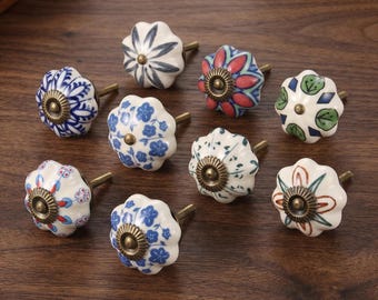 Vintage Floral Ceramic Cabinet Knob, Hand Painted Boho Rustic Drawer Pull