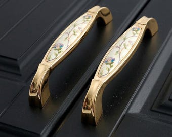 Floral Ceramic Cabinet Knob with Gold Zinc Alloy Handle – Elegant Vintage Drawer Pull