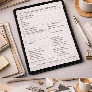 May include: A digital tablet displaying a semester dashboard with sections for identification, academic structure, and weekly execution. The image includes a coffee cup, pen, and notepad, suggesting a study or work environment.
