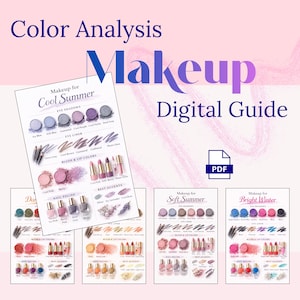 Peut inclure: Un guide numérique intitulé « Color Analysis Makeup » avec « Makeup for Cool Summer » et d'autres guides saisonniers. Le guide présente des palettes de couleurs de maquillage pour les yeux, les lèvres et les ongles, avec une icône PDF.