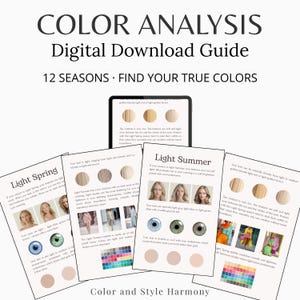 Puede incluir: Una guía de descarga digital para el análisis de color, con el texto "COLOR ANALYSIS Digital Download Guide 12 SEASONS FIND YOUR TRUE COLORS." La imagen incluye ejemplos de paletas de colores Primavera Clara y Verano Claro, con muestras de color y ejemplos.