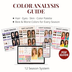 Pode incluir: Um guia de análise de cores com o título "COLOR ANALYSIS GUIDE" e o texto "Hair Eyes Skin Color Palette Best & Worst Colors for Every Season". A imagem mostra um laptop, um telefone e guias impressos com paletas de cores e imagens de mulheres.