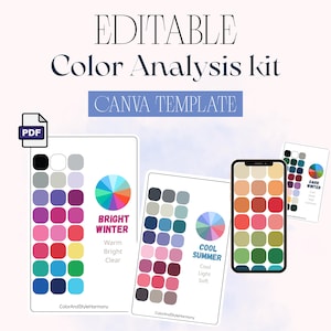 May include: An editable color analysis kit Canva template featuring digital color palettes for Bright Winter, Cool Summer, and Dark Winter. The display includes a PDF icon, a smartphone screen showing color swatches, and printed cards with circular color wheels and descriptive text labels for each seasonal color profile.