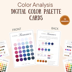 May include: Digital color palette cards featuring 12 seasons. The cards display color swatches for Cool Summer, including front and back views with text labels for best neutrals, signature accents, best metals, best makeup, and colors to avoid.