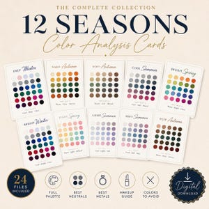 May include: A set of 12 Seasons Color Analysis Cards featuring grids of colored circles representing palettes for Deep Winter, Warm Autumn, Soft Autumn, Cool Summer, Bright Spring, Bright Winter, Light Spring, Light Summer, Soft Summer, and Deep Autumn.