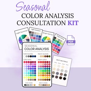 Pode incluir: Um Kit de Consulta de Análise de Cores Sazonais com paletas de cores e um ícone PDF. O kit inclui gráficos de cores para Light Summer, Bright Spring e outros tipos de análise de cores sazonais. O texto na imagem diz "Seasonal Color Analysis Consultation Kit."