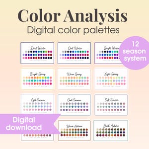 Puede incluir: Una imagen digital para el análisis de color, con 12 paletas de colores de temporada. Cada paleta muestra una gama de colores. El texto incluye "Color Analysis", "Digital color palettes" y "Digital download".