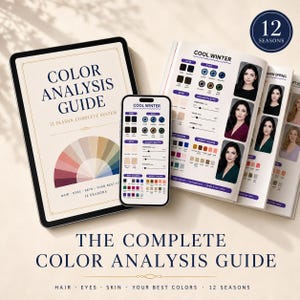 Può includere: Un tablet digitale, uno smartphone e un libro aperto che mostra una guida all'analisi del colore. Gli schermi e le pagine presentano testi come "Color Analysis Guide", "12 Seasons" e "Cool Winter", insieme a tavolozze di colori e grafici.