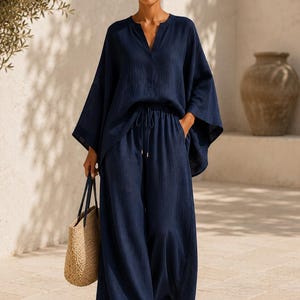 Damen Leinen Look Hose mit weitem Bein Set, Fledermaus Top Palazzo Co-ord, Resort Urlaub