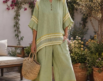Dwuczęściowy komplet z imitacji lnu, oversize'owa tunika, szerokie spodnie, swobodny zestaw w stylu boho