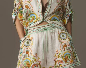 Printed Button Up Shirt and Shorts Set, Summer Beach Lounge Wear