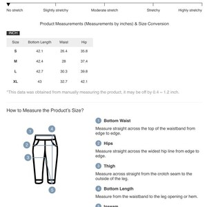 May include: Size guide with product measurements in inches for pants. Includes bottom length, waist, and hip measurements for sizes S, M, L, and XL. Also shows how to measure bottom waist, hips, thigh, bottom length, and inseam.