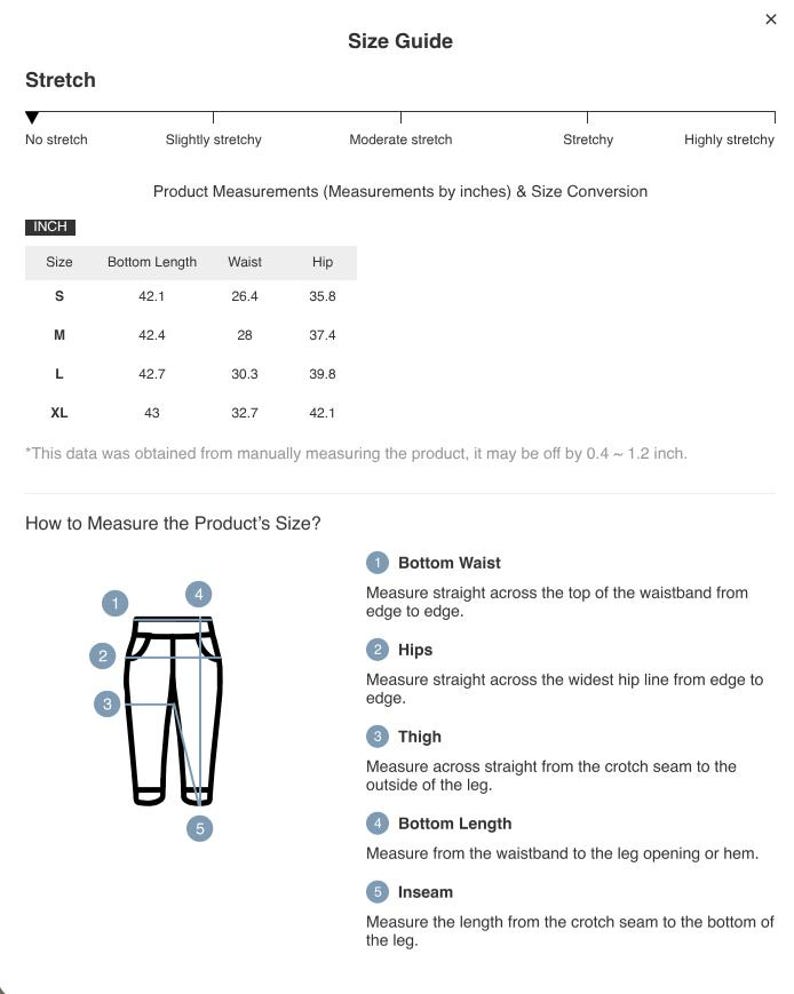 May include: Size guide with product measurements in inches for pants. Includes bottom length, waist, and hip measurements for sizes S, M, L, and XL. Also shows how to measure bottom waist, hips, thigh, bottom length, and inseam.