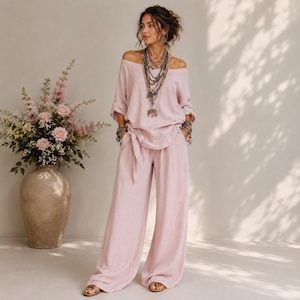 Soft Pink Linen Off Shoulder Top Wide Leg Pants Set, Boho Two Piece Coord