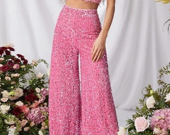 Pink Sequin Embellished Wide Leg Pants, Elegant Party Outfit, Women's Apparel