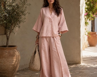 Cotton Linen V Neck Top and Wide Leg Pants Set Women, Color Block Two Piece Coord, Boho Vacation Matching Set, Pink Linen , Gift for Her