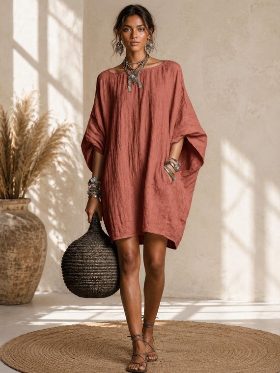 boho dresses simple solid colors Batwing Sleeve Cotton Blend Swing Dress Women, Loose Casual Knee Length Dress, Color Summer Dress, Effortless Everyday Dress Braya Women'S Spaghetti Straps Slit Colore:Avorio creating a sophisticated feminine