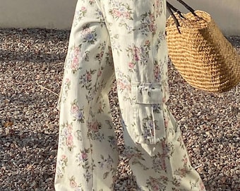 Floral Print Wide Leg Jeans Women, Rose Print Cargo Denim Pants, Cottagecore High Waist Straight Jeans, Boho Summer Denim, Gift for Her