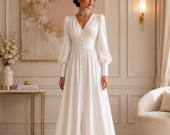 White V-Neck Puff Sleeve Midi Dress, Romantic Bridal Shower Outfit, Boho Chic