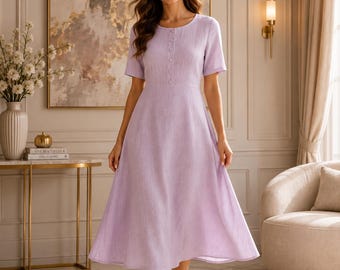 Blush Pink Button-Front A-Line Midi Dress, Soft Woven Fabric, Short Sleeves, Side Pockets