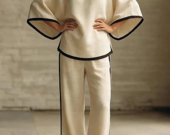 Conjunto de top de manga murciélago con ribete en contraste y pantalón de pierna ancha – Ropa de playa con aspecto de lino extragrande