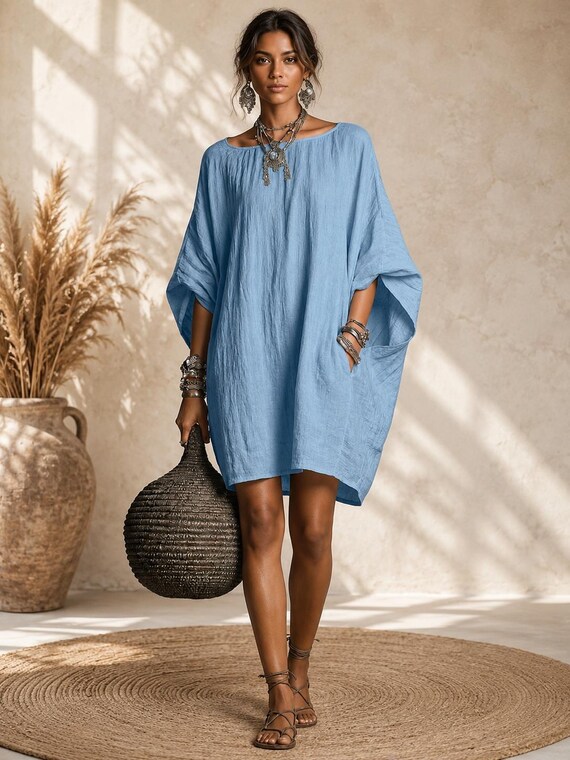 cotton knee length summer dresses Batwing Sleeve Blend Swing Dress Women, Loose Casual Dress, Boho Solid Color Dress, Effortless Everyday Dress, Sherri Hill Dress 57162