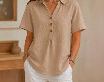 Women's Cotton Linen Button Collar Top, Vintage Boho Summer Breathable Tee