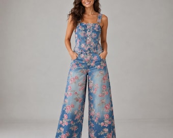 Floral Print Wide Leg Denim Dungarees, Watercolor Roses, Boho Cottagecore Jumpsuit