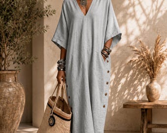 Cotton Linen Batwing Maxi Dress, Boho V-Neck Loose Beach Resort Kaftan