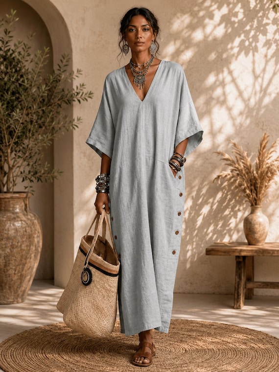 batwing kaftan maxi dress Cotton Linen Batwing Maxi Dress, Boho V-Neck Loose Beach Resort Kaftan