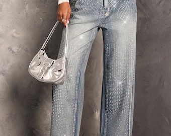 Crystal Rhinestone Wide Leg Jeans, High Waist Sparkly Denim Pants