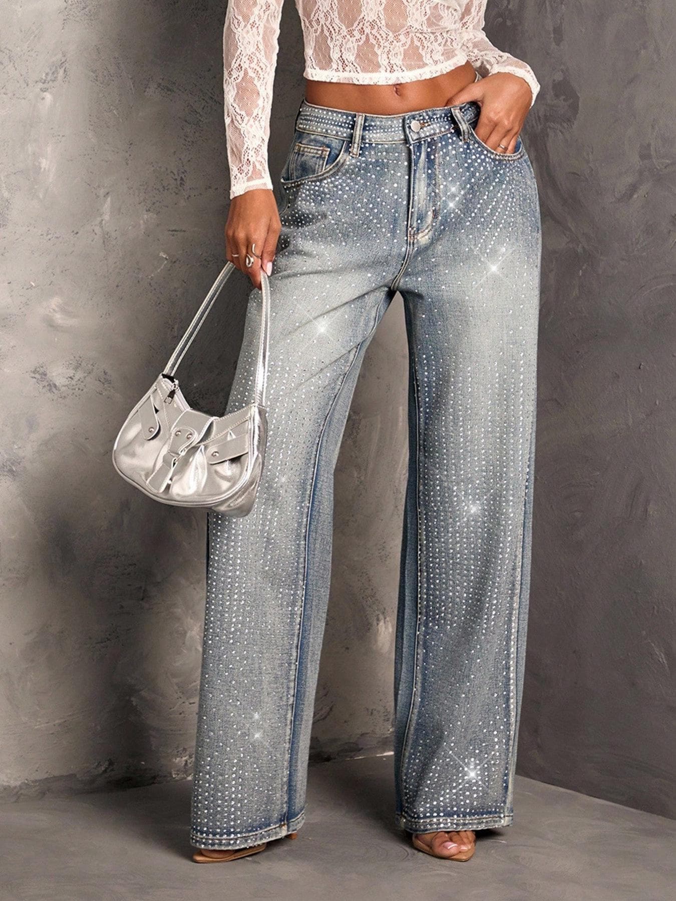 Crystal Rhinestone Wide Leg Jeans, High Waist Sparkly Denim Pants