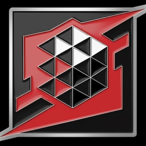 Puede incluir: Pin cuadrado con diseño geométrico. El pin presenta un fondo negro con una forma de rayo rojo y un cubo central compuesto por triángulos negros, blancos y rojos. El pin tiene un borde plateado.