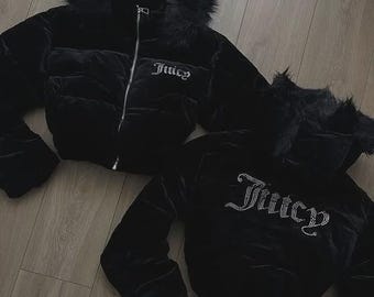 Juicy jacket  - Y2K Faux Fur Hooded Coat - Velour Cropped Puffer Jacket