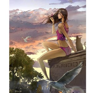 May include: An illustration featuring a woman in a pink top and bottoms sitting on a rooftop, with a black cat. The word "Lockdown" is at the top. A large bird flies in the foreground, and other birds are in the sky. The sky is a mix of orange, purple, and blue.