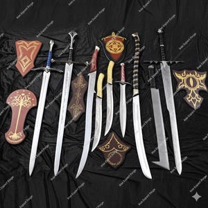 May include: An assortment of swords and shields with various designs. The swords have silver blades and ornate handles, while the shields feature intricate patterns and emblems. The items are displayed on a black surface.