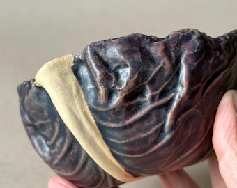 Patricia Garrett Cabbage Leaf Bowl, Signed Terra Keramik Botanical Ceramic in Deep Plum
