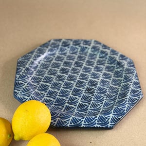 Vintage Ellen Currans Studio Pottery Octagonal Plate Blue Fan Pattern Oregon