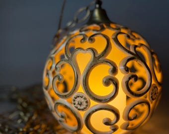 Swag lamp vintage Hollywood Regency faux-ivory filigree hanging pendant light 14ft chain