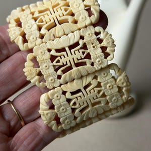 Vintage Carved Bone Bracelet Collection, Asian Motif Panel Cuff, Minimalist Silver Detail Bangle Carved Panel Stretch