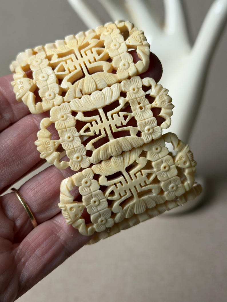Vintage Carved Bone Bracelet Collection, Asian Motif Panel Cuff, Minimalist Silver Detail Bangle Carved Panel Stretch