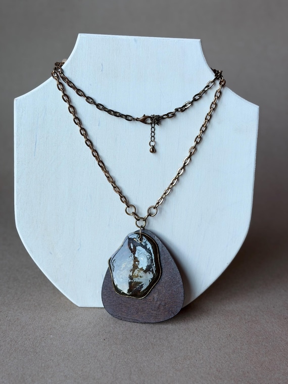 Pendant Necklace with High Desert Roots featuring Dark Wood and Marbled Resin Inlay