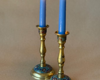 Vintage Brass and Cloisinné Candlestick Pair, Floral Blue Enamel Boho Home Decor