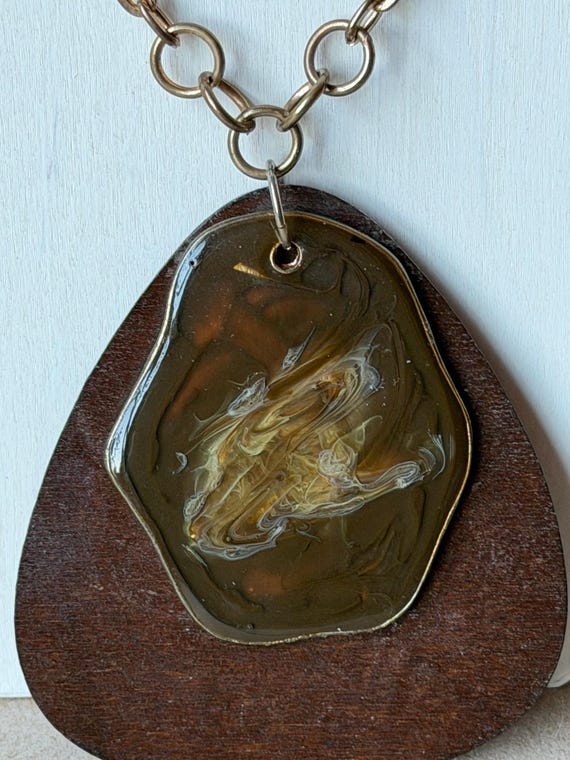Pendant Necklace with High Desert Roots featuring Dark Wood and Marbled Resin Inlay View 2