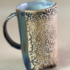 Studio Pottery Footed Mug Glazed Floral Embossed Ceramic Coffee Cup Signed
