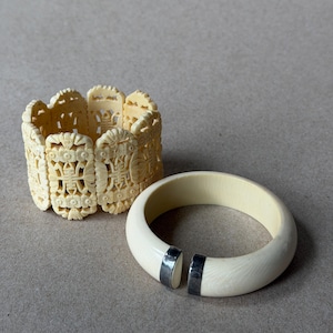 Vintage Carved Bone Bracelet Collection, Asian Motif Panel Cuff, Minimalist Silver Detail Bangle image 1